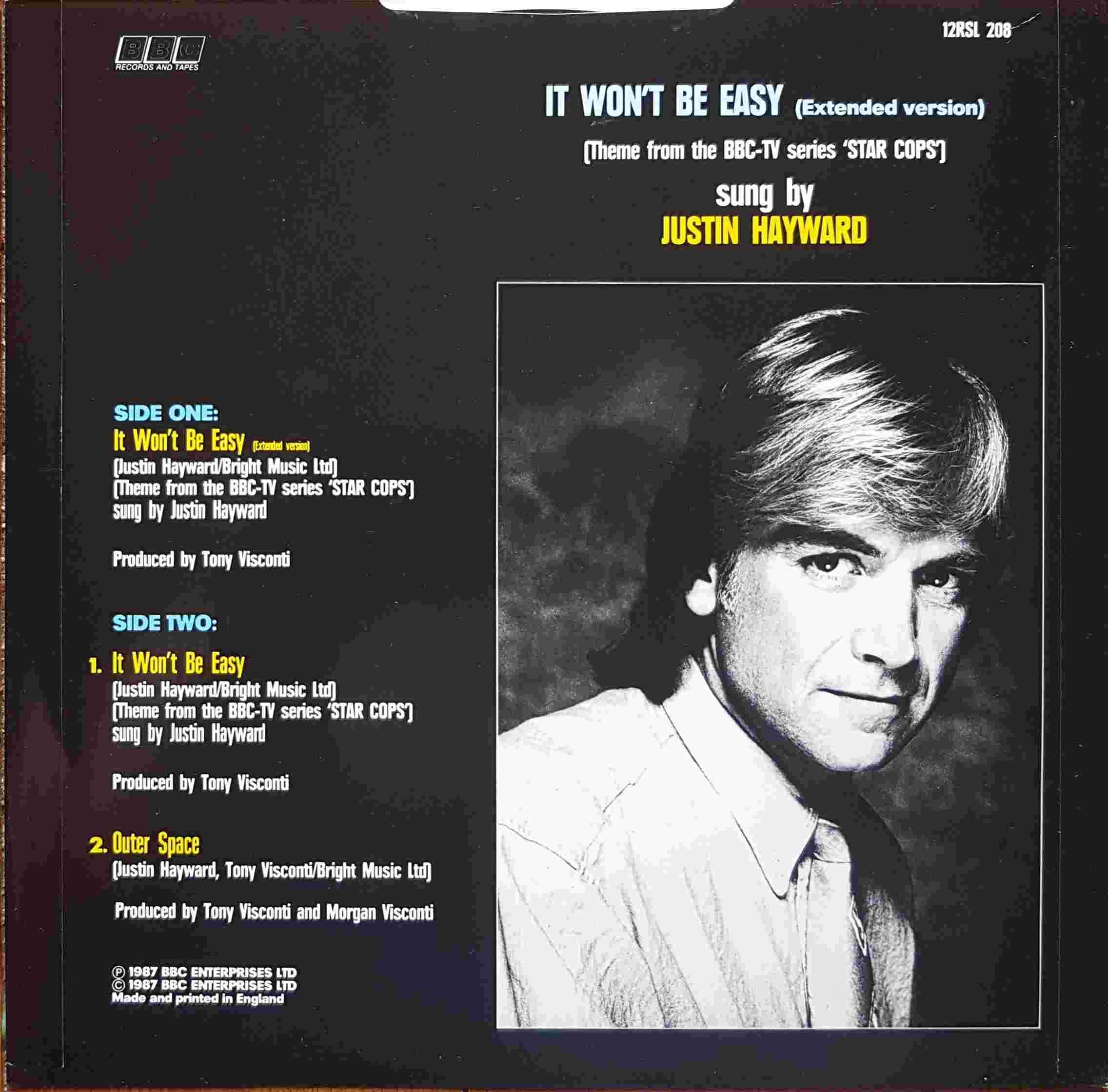 Picture of 12 RSL 208 It won't be easy (Star cops) by artist Justin Hayward / Tony Visconti from the BBC records and Tapes library